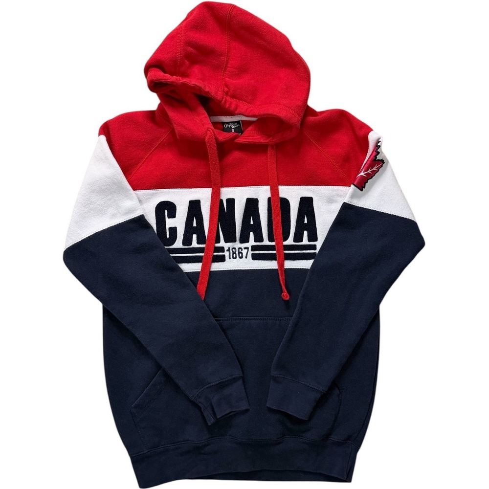Canada 1867 Colorblock Hoodie Red White Blue Maple Leaf Sleeve Size Small
